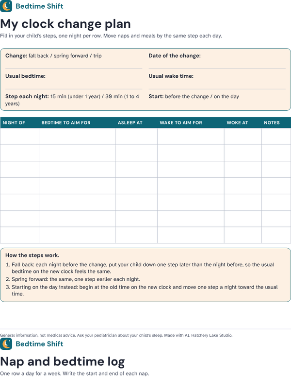 Page one of the printable week plan: a clock change worksheet with a night-by-night table